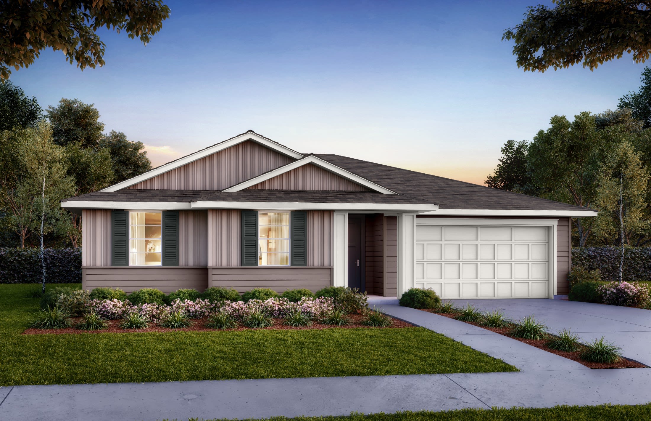 Single-family rental home with a private yard at sunset
